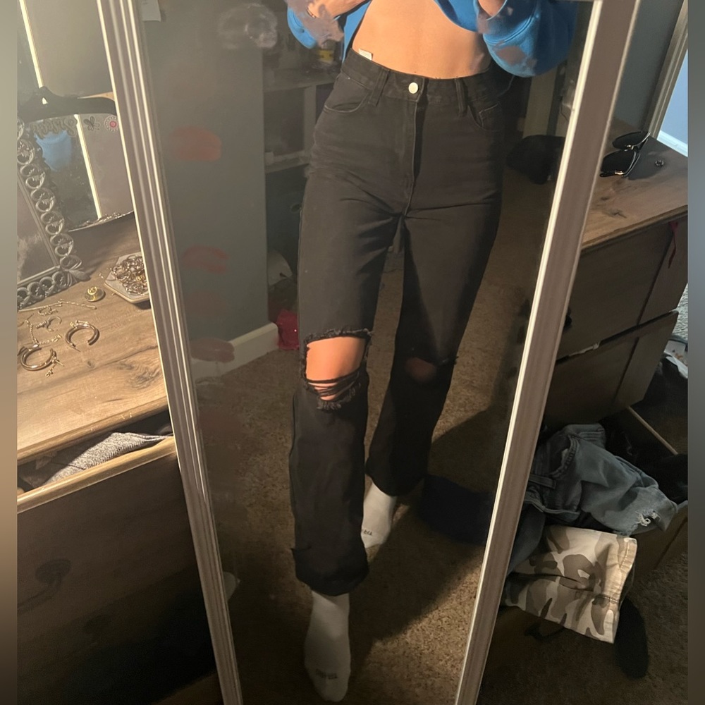 High rise black ripped jeans